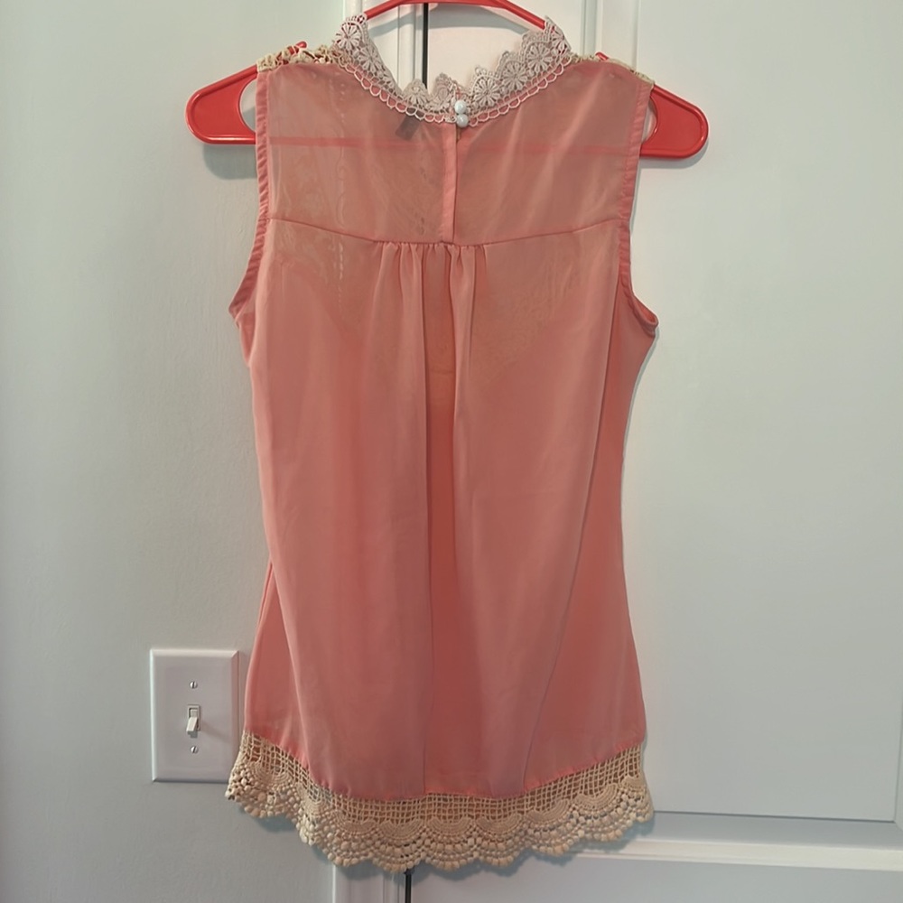 Show Lai Pink & Cream Crochet High Neck Sheer Tank - Picture 2 of 11